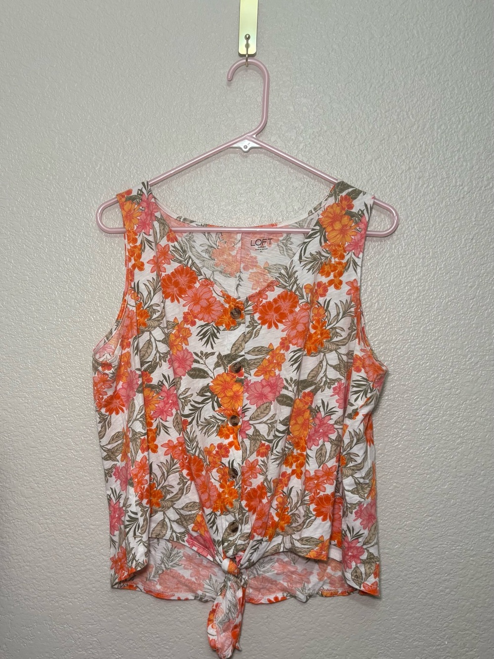 🧡 LOFT Floral Tie-Front Sleeveless Top - White w/ Orange & Pink Flowers Size XL
